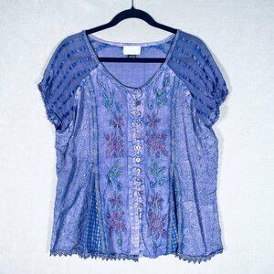 Vintage Top Womens M Purple Floral Embroidered Button Up Blouse Boho Fairycore